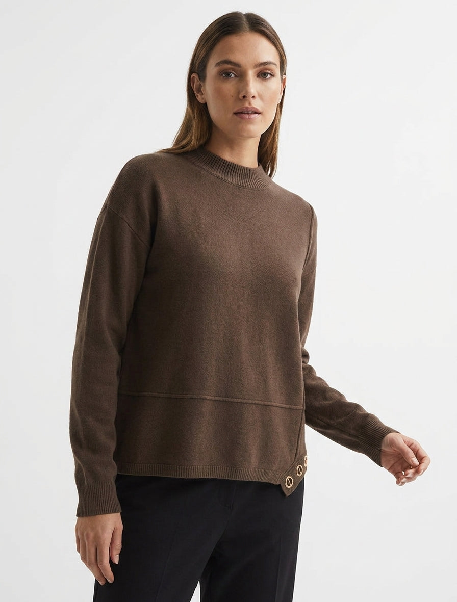 Pull en maille col rond à oeillets - Marron