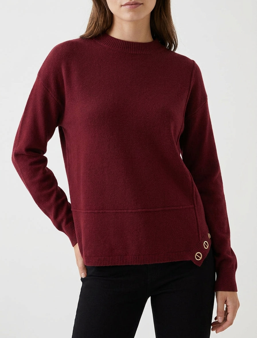 Pull maille col rond à oeillets - Bordeaux