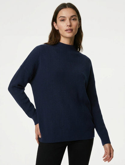 Pull droit en maille à col montant - Marine