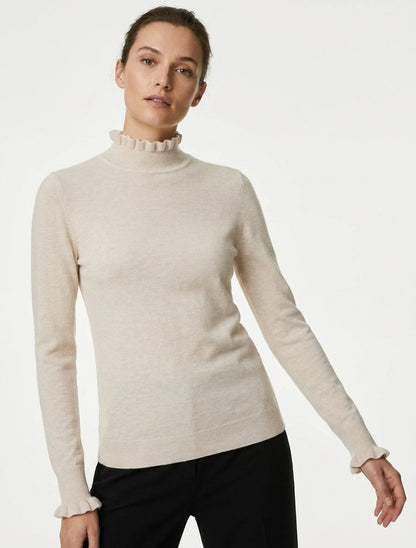 Pull droit col montant volanté - Beige