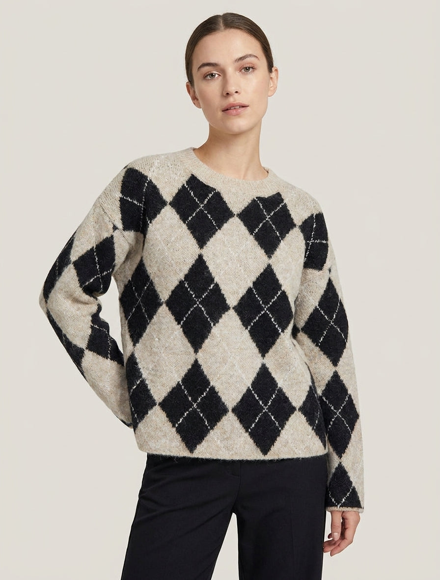 Pull ample col rond à losanges - Beige