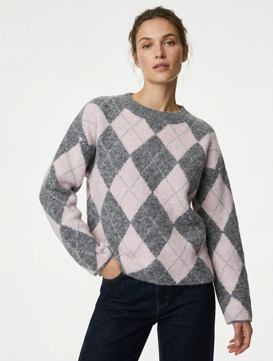 Pull ample col rond à motif losanges - Gris