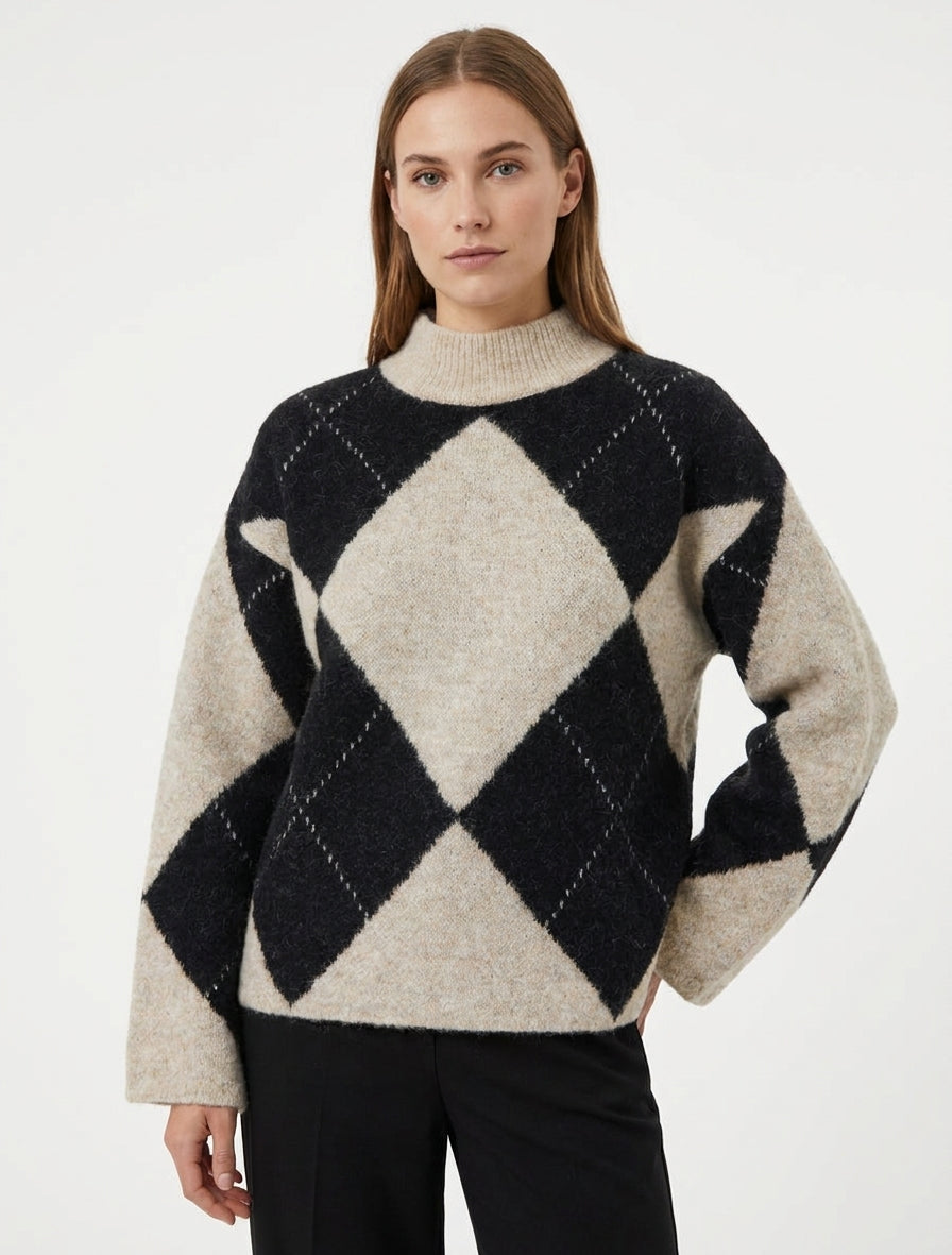 Pull ample col montant losanges - Beige