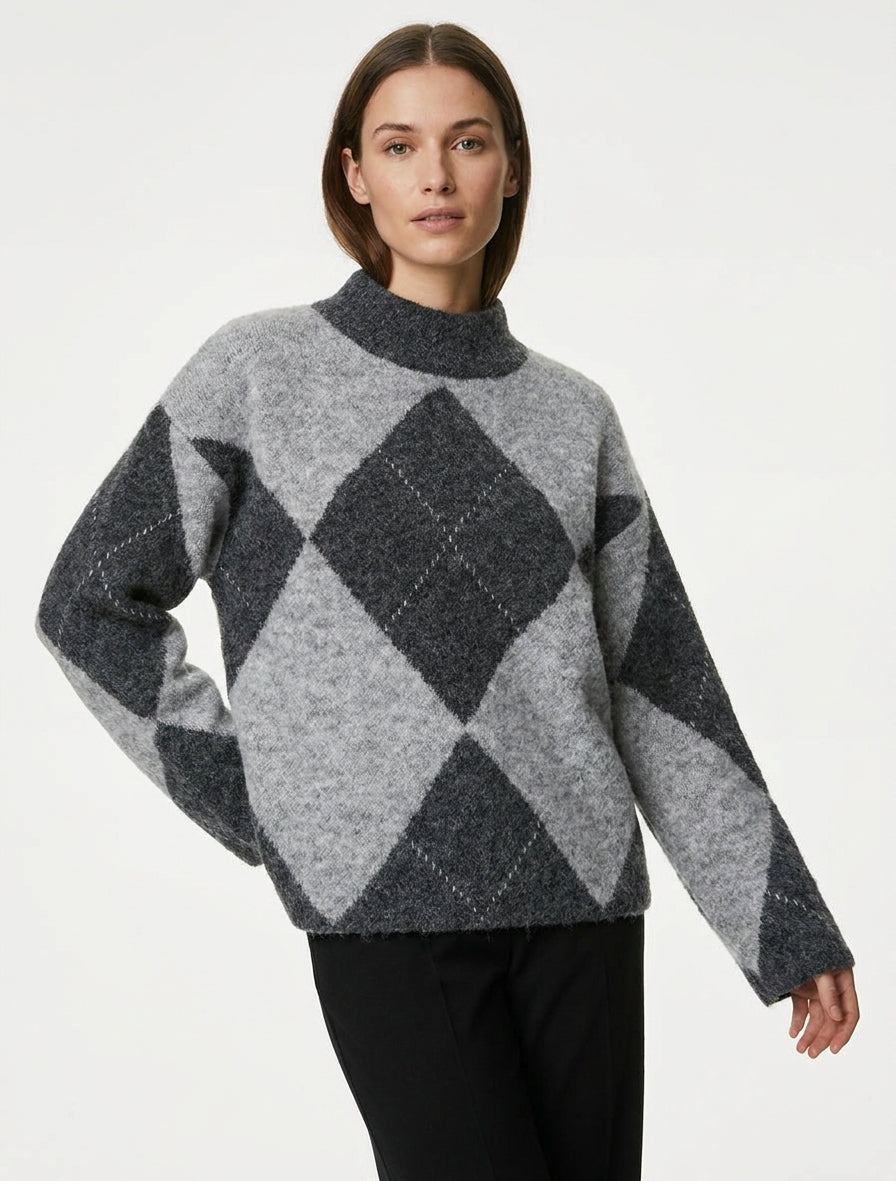 Pull ample col montant losanges - Gris