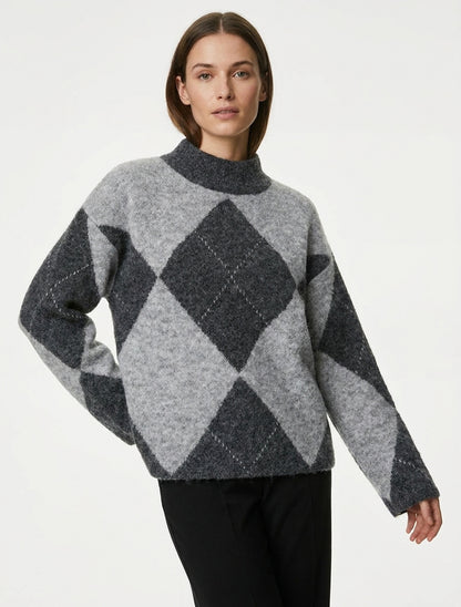Pull ample col montant losanges - Gris