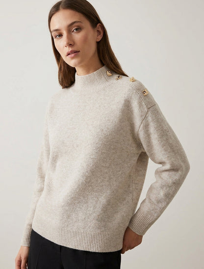 Pull ample col montant à boutons - Beige