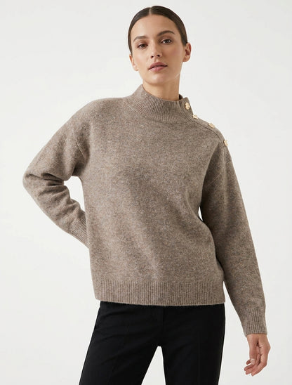 Pull ample col montant boutons - Taupe