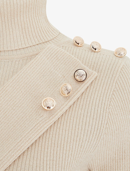 Pull en maille côtelée pailleté à col roulé - Beige - 3