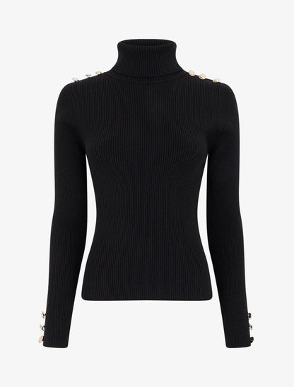 Pull en maille côtelée pailleté à col roulé - Noir - 1