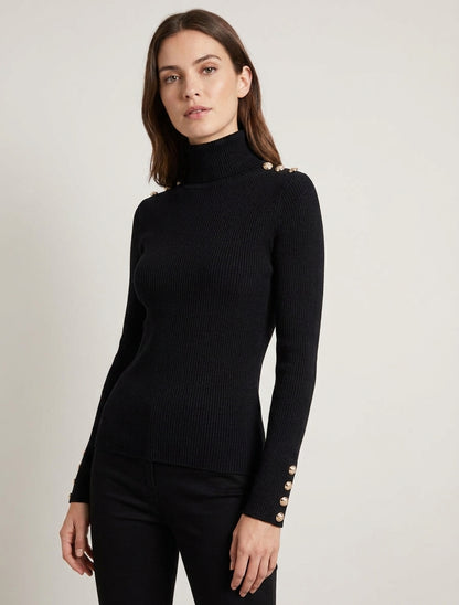 Pull côtelé pailleté col roulé - Noir