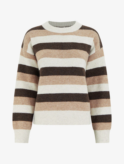 Pull droit rayé à col rond - Beige - 1