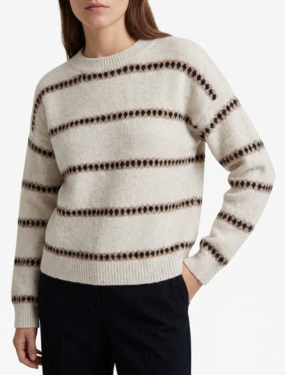 Pull droit col rond à rayures - Beige