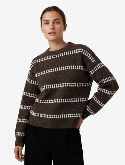 Pull droit col rond rayures - Marron