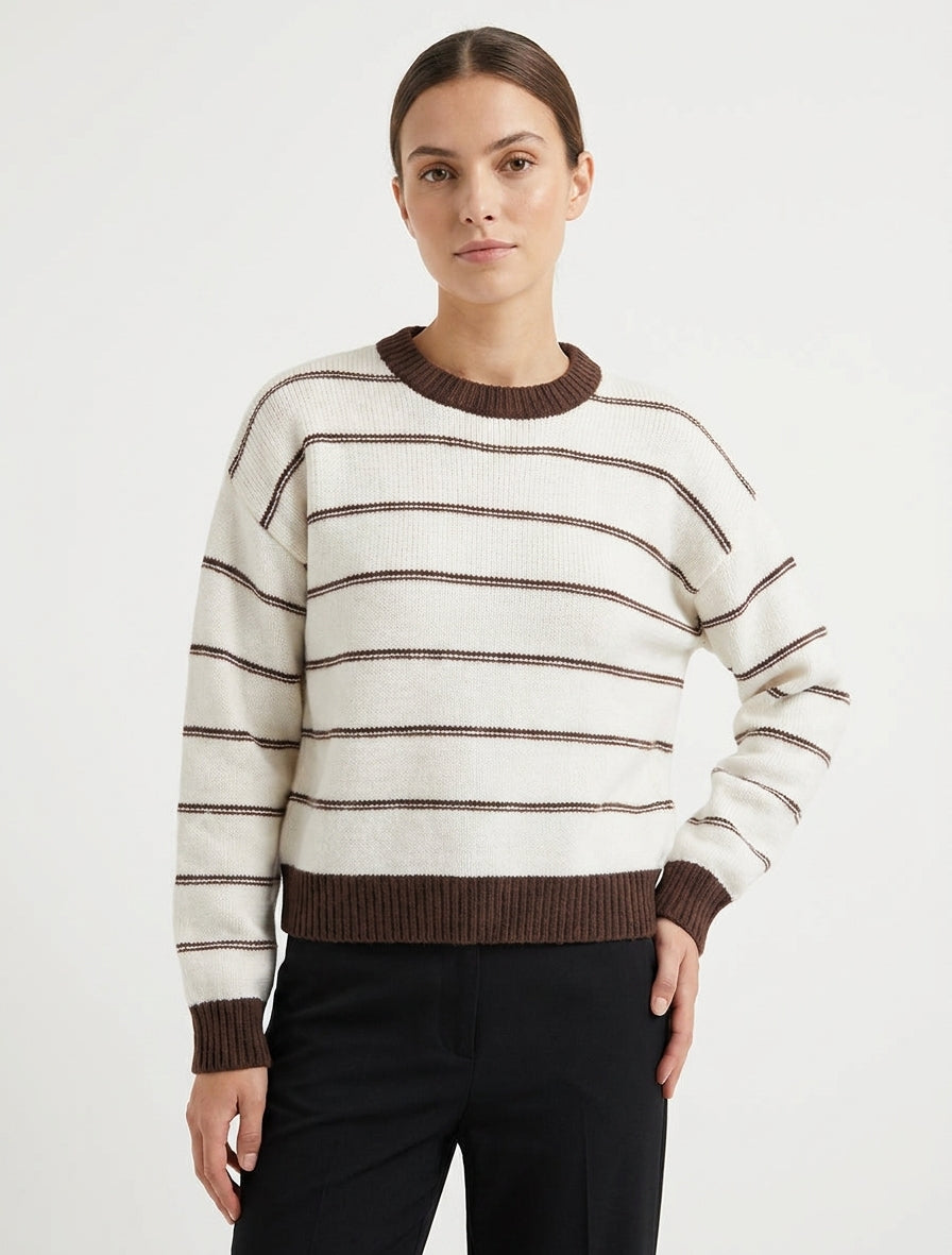 Pull droit rayé col rond - Écru