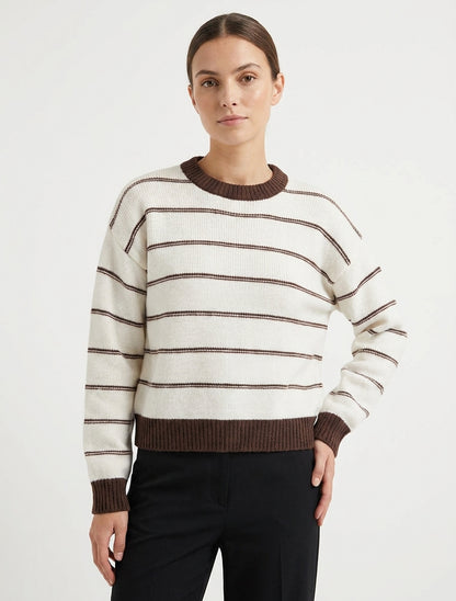 Pull droit rayé col rond - Écru