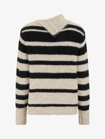 Pull rayé à col châle fantaisie et bouton bijoux - Noir/taupe - 2