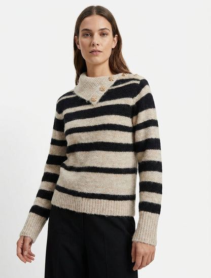 Pull rayé col châle à boutons bijoux - Noir/taupe