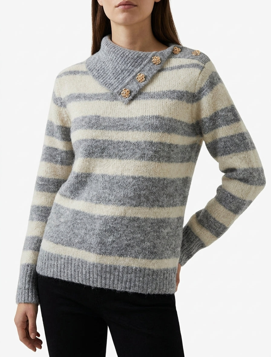 Pull rayé col châle à boutons bijoux - Gris/beige