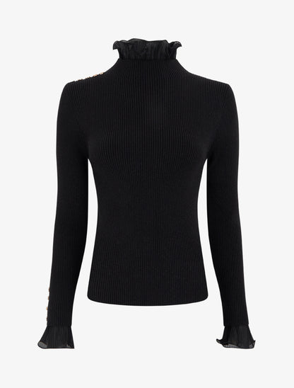 Pull côtelé et pailleté à col montant volanté - Noir - 1