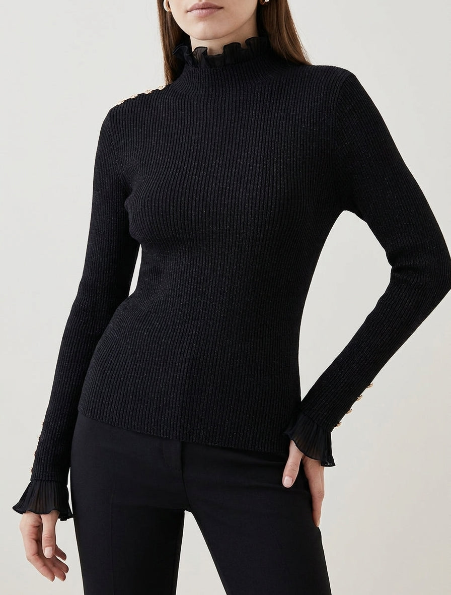 Pull pailleté à volants plissés - Noir