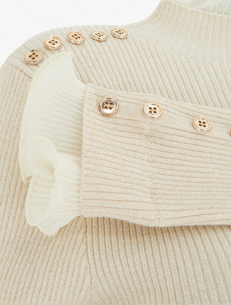 Pull côtelé et pailleté à col montant volanté - Beige - 3