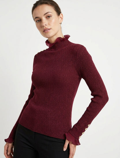 Pull pailleté à volants plissés - Bordeaux