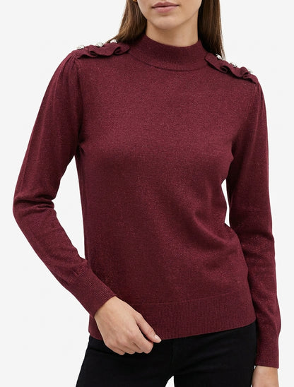 Pull pailleté col montant à boutons - Bordeaux