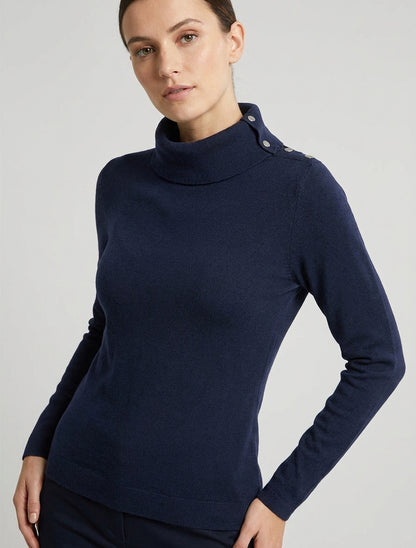Pull côtelé moulant à boutons épaule - Marine