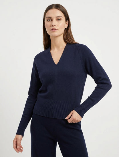Pull en maille ajustée à col V - Marine