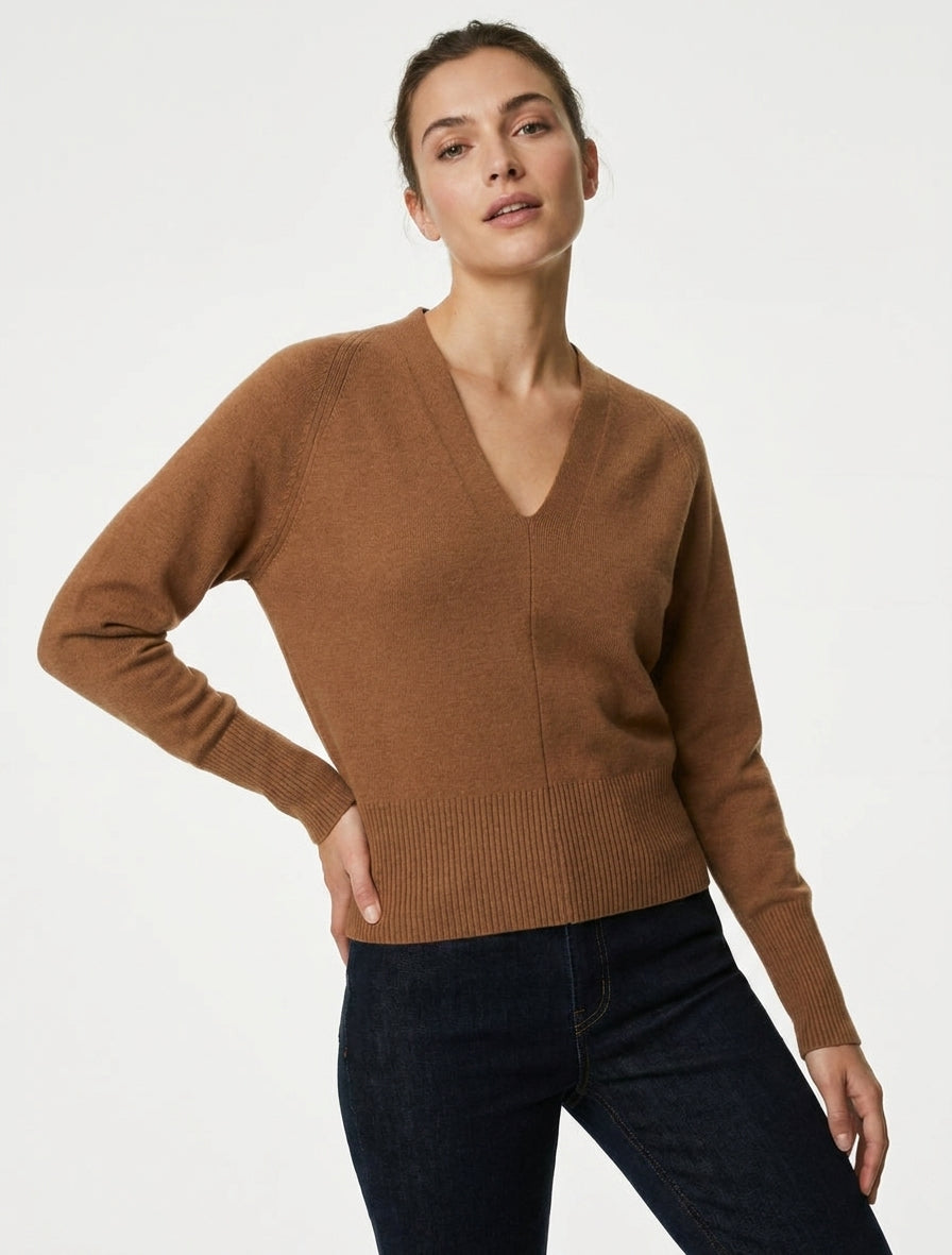 Pull uni maille ajustée col V - Camel