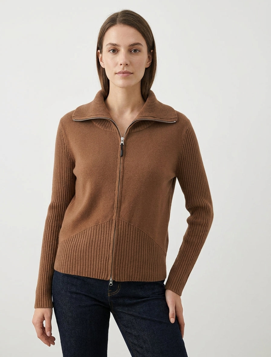 Gilet en maille col rond zippé - Camel