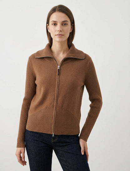 Gilet en maille col rond zippé - Camel