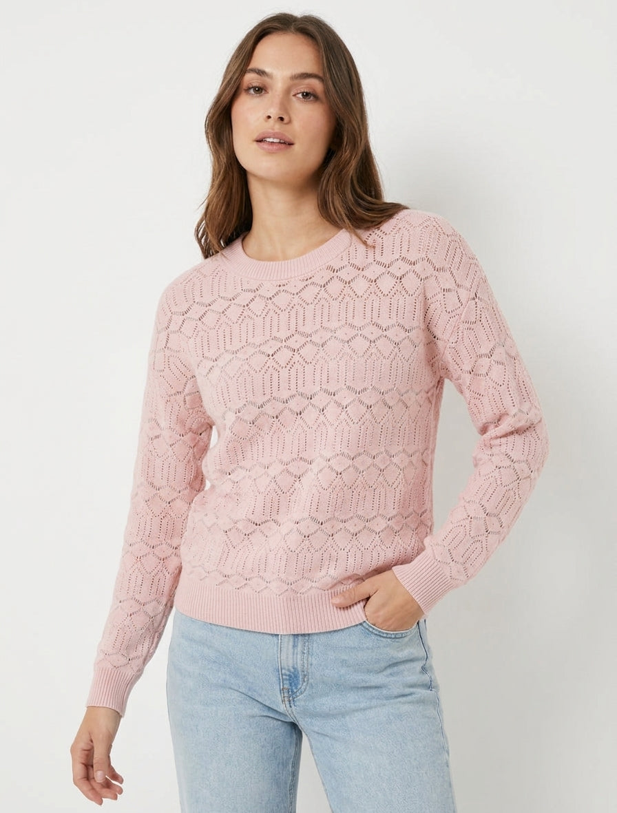 Pull maille ajourée à manches longues - Rose