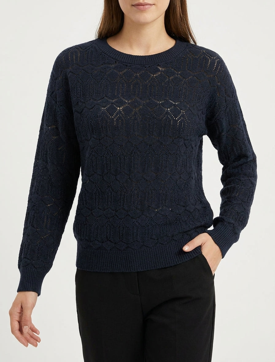 Pull ajouré à manches longues - Bleu nuit