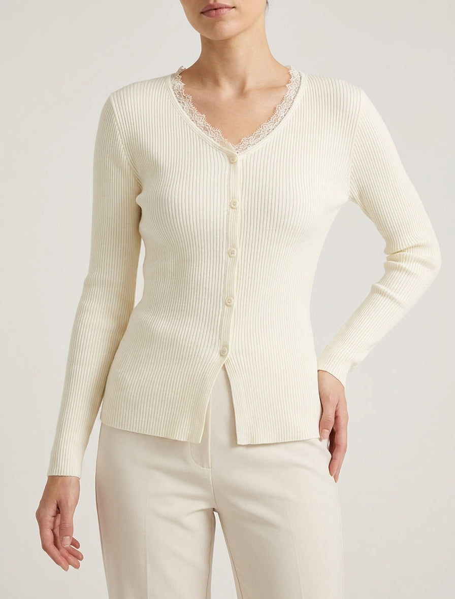Pull côtelé col V dentelle - Crème
