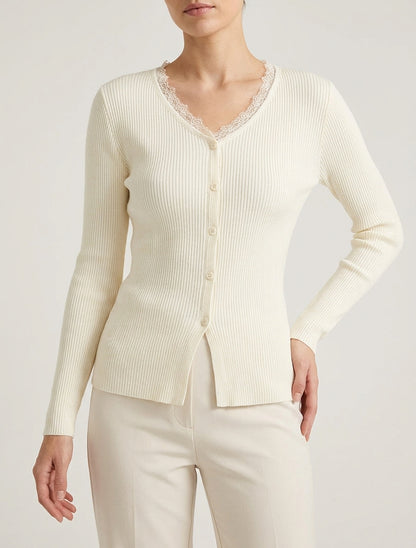 Pull côtelé col V dentelle - Crème