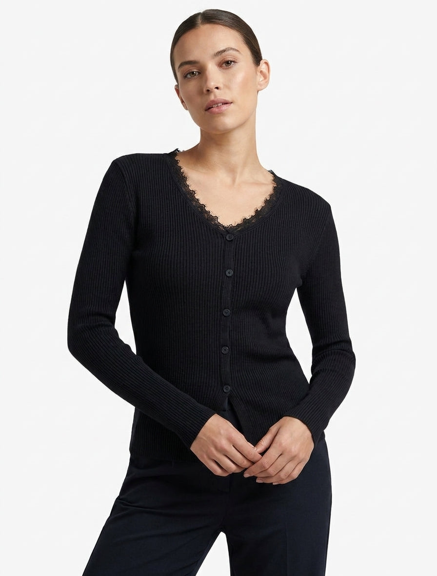 Pull côtelé col V à dentelle - Noir