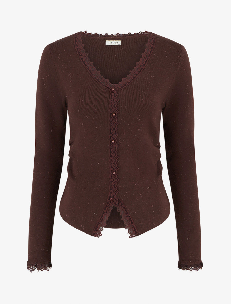 Pull côtelé à fils irisés et dentelle - Marron - 1
