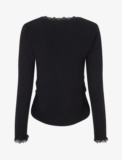 Pull côtelé à fils irisés et dentelle - Noir - 2