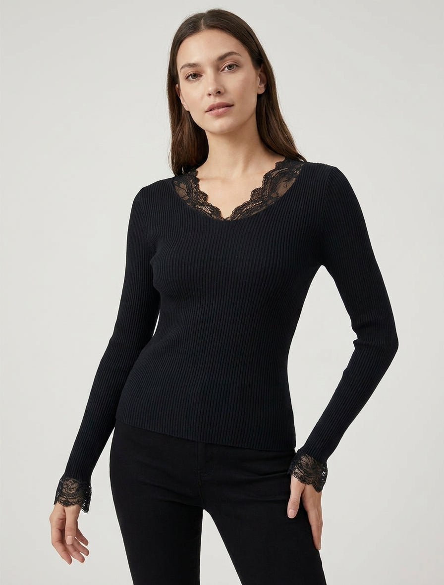 Pull côtelé à empiècement dentelle - Noir
