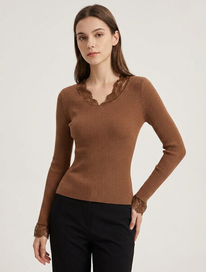 Pull côtelé à empiècements dentelle - Camel