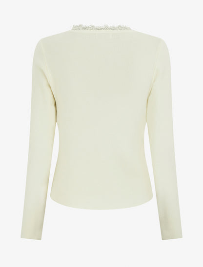 Pull côtelé asymétrique à détail dentelle - Crème - 2