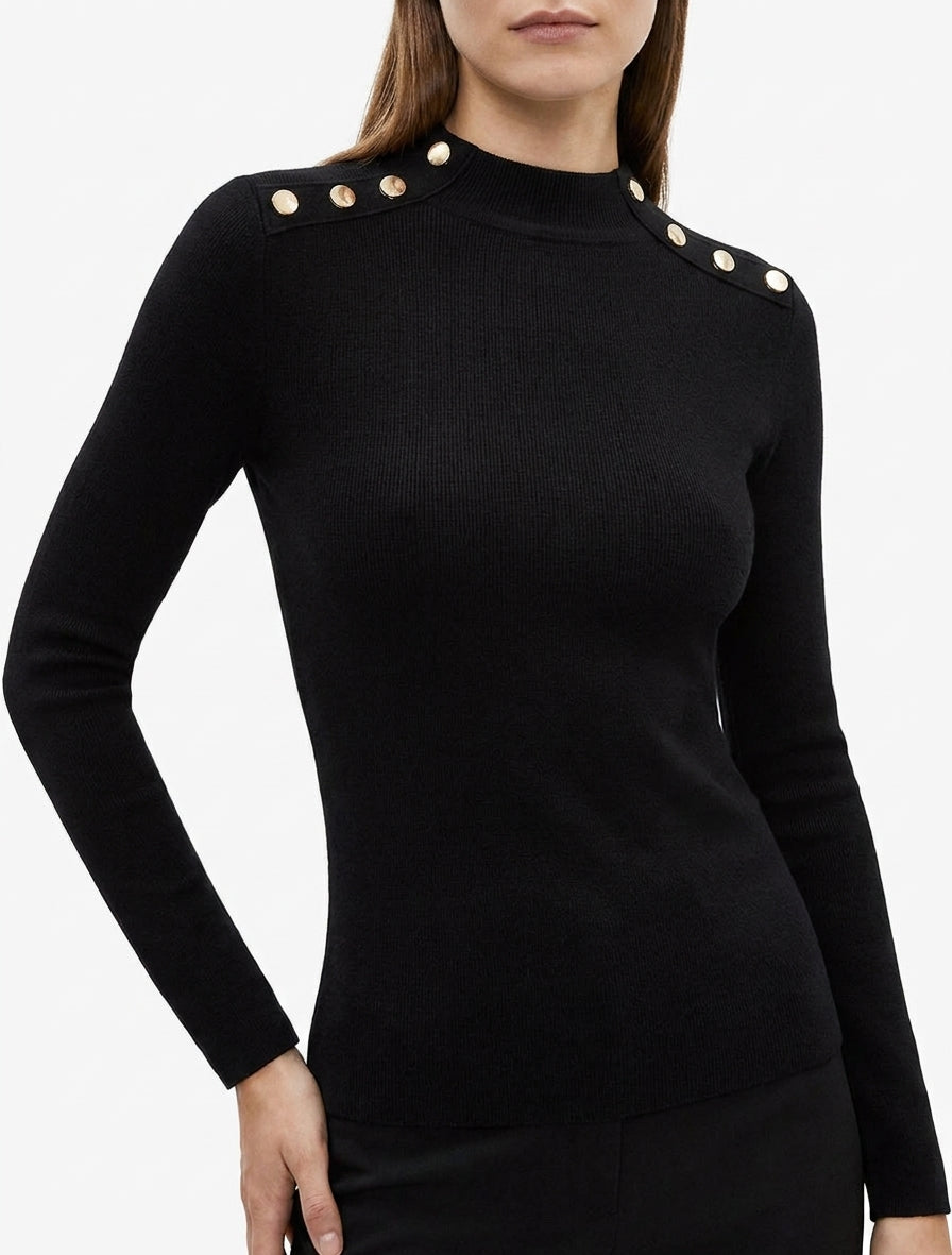 Pull ajusté col montant boutons dorés - Noir