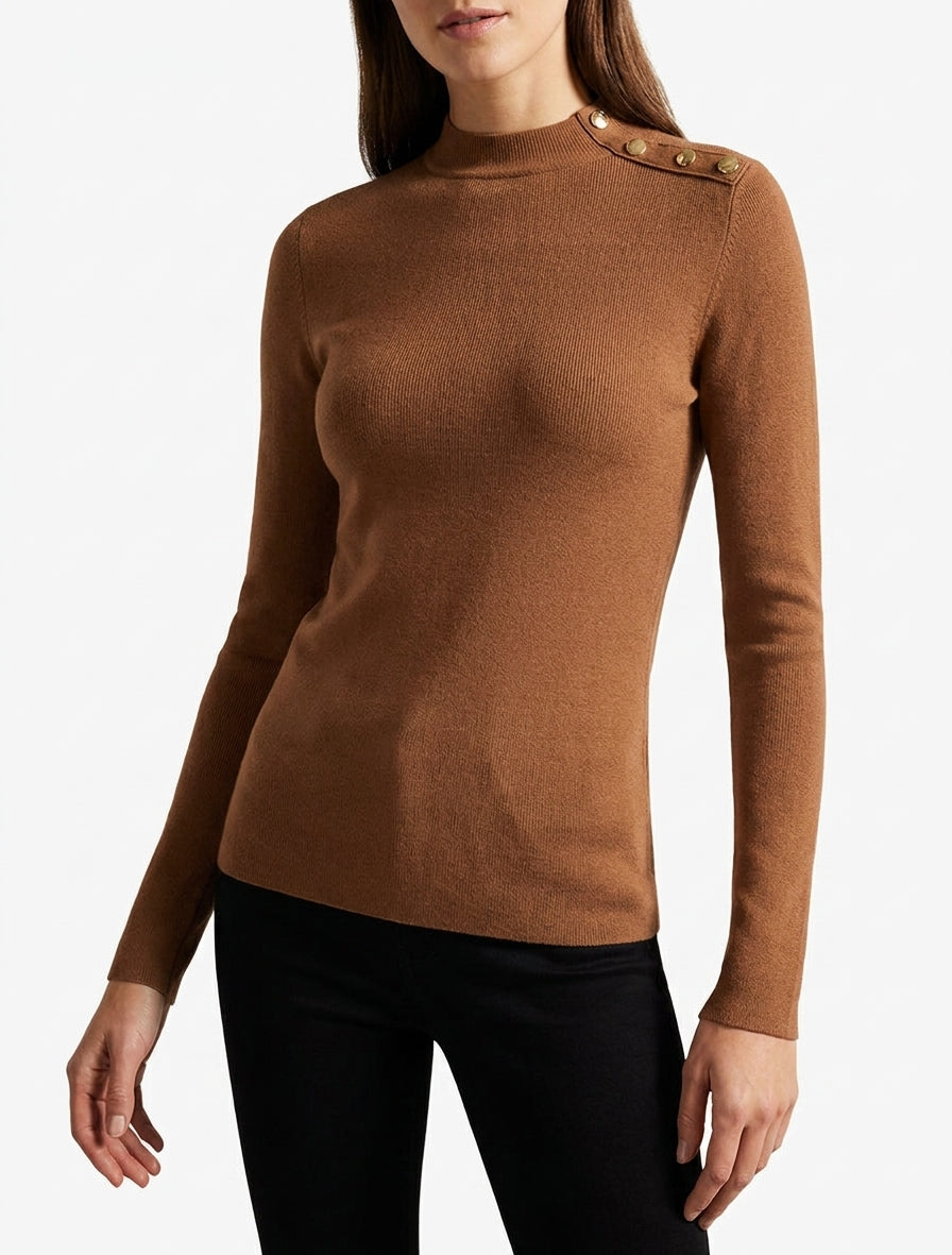 Pull ajusté col montant boutons dorés - Camel