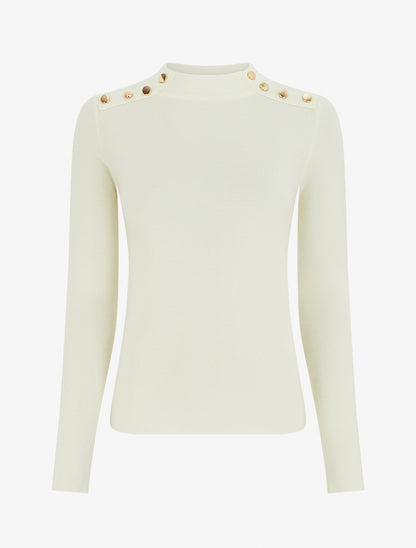 Pull fin ajusté à col montant et boutons décoratifs - Crème - 1