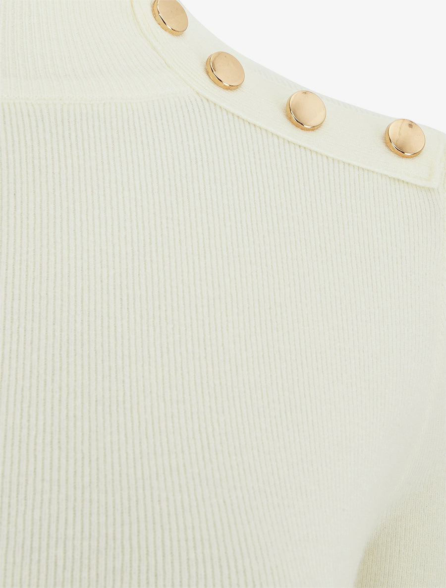 Pull fin ajusté à col montant et boutons décoratifs - Crème - 3