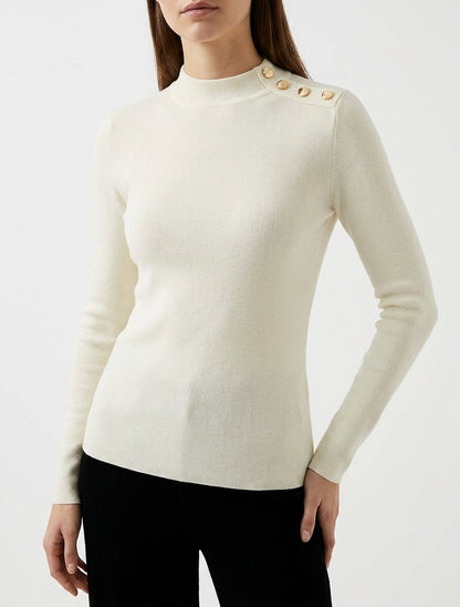 Pull fin ajusté col montant boutons dorés - Crème