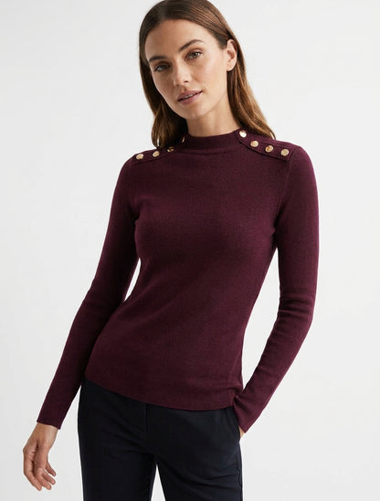 Pull fin col montant à boutons dorés - Lie de vin