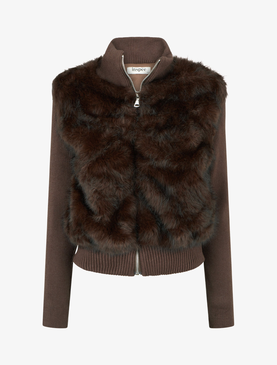 Veste côtelée à empiècement fourrure synthétique - Marron - 1