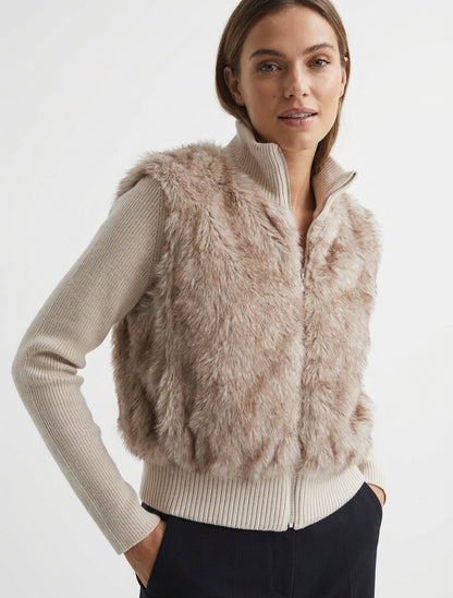 Veste côtelée col montant fourrure - Beige